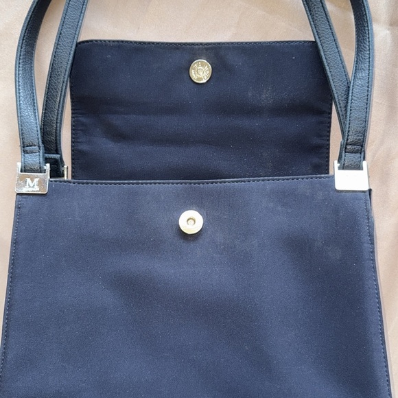 Mondani Navy Peau De Soie Fabric & Leather Structured Sections Bag Silver Accent - Picture 12 of 13